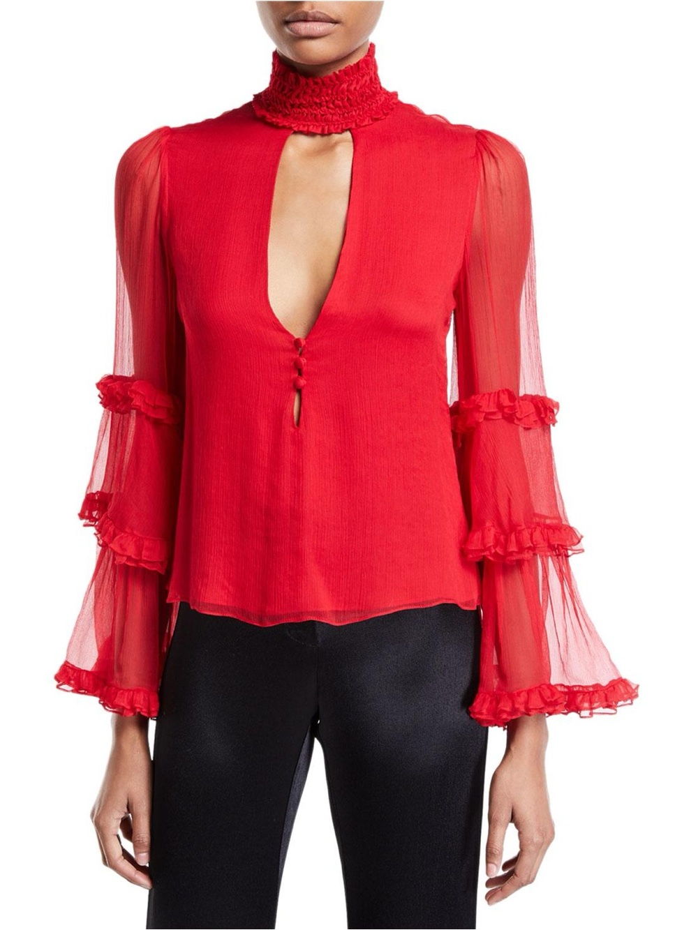 ALEXIS Hiro High-Neck Ruffle Keyhole Silk Top Blouse Red Small